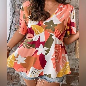 Tropical & Floral Print Butterfly Sleeve Peplum Blouse